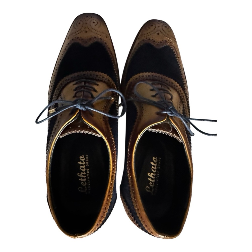 Lethato Wing Tip Oxford Brogue Shoes Men 9.5/10 Brown Navy Leather Lace Up - Picture 11 of 11